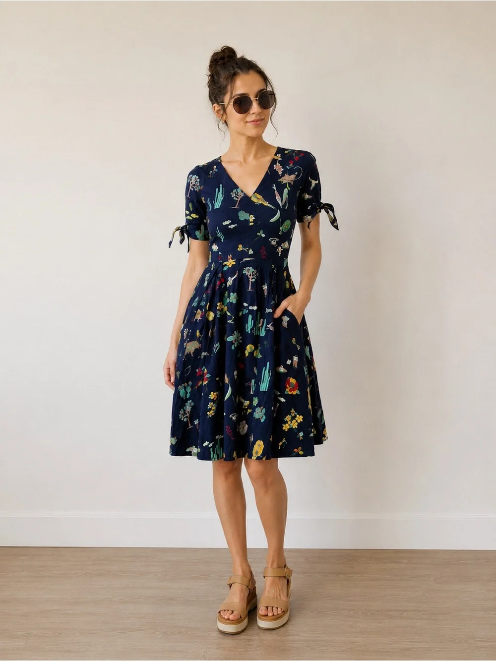 Navy Floral Midi Dress with Short Tie Sleeves